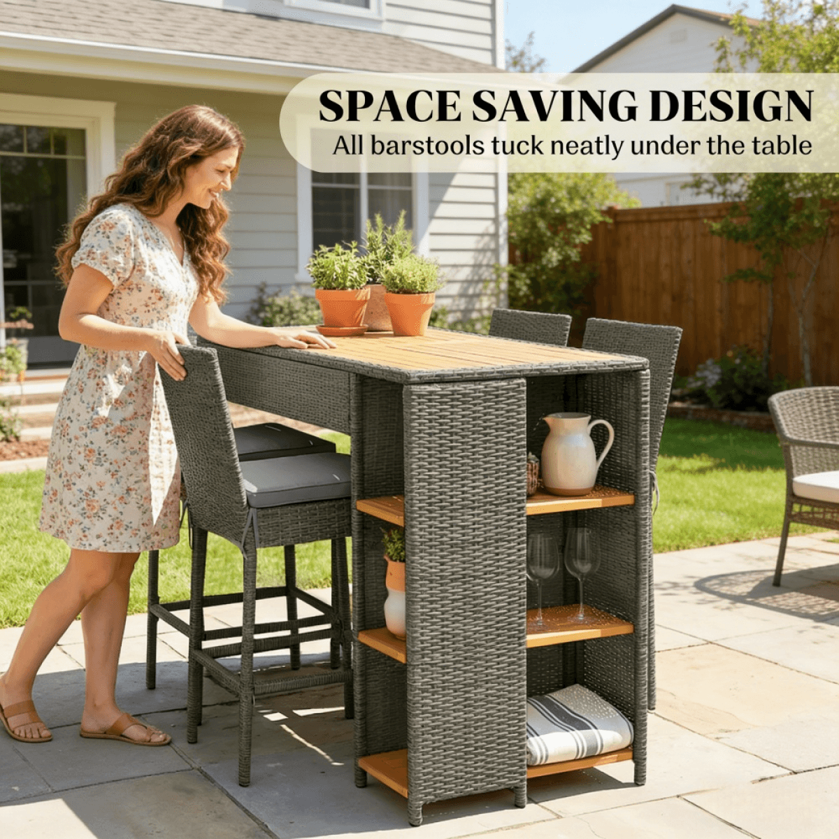 image-Bar Table with 4 Stools - Gray Acacia Wood Outdoor