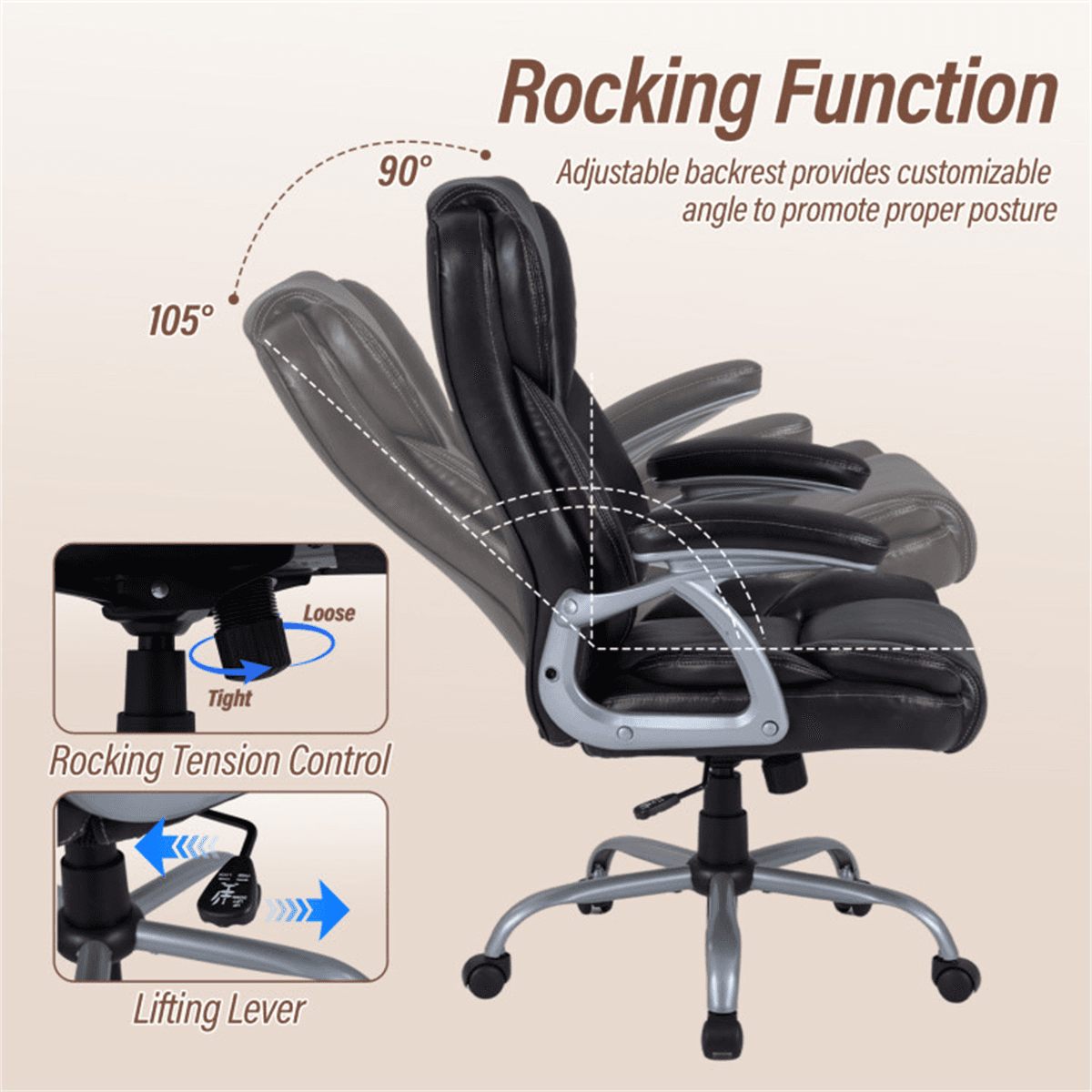 image-Ergonomic Office Chair - Brown, Adjustable Height & Recline, PU Leather