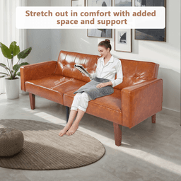 image-Modern PU Leather Futon Sofa with Tufted Backrest, Adjustable Reclining Couch with Wood & Metal Legs, Mid-Century Style Sofa for Living Room