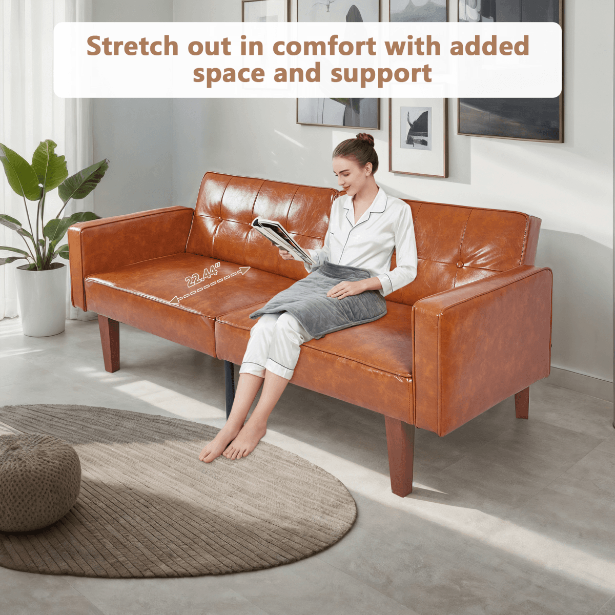 image-Modern PU Leather Futon Sofa with Tufted Backrest, Adjustable Reclining Couch with Wood & Metal Legs, Mid-Century Style Sofa for Living Room
