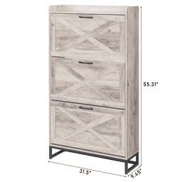 image-Barn Door Shoe Cabinet 80x24x145cm Washed Gray