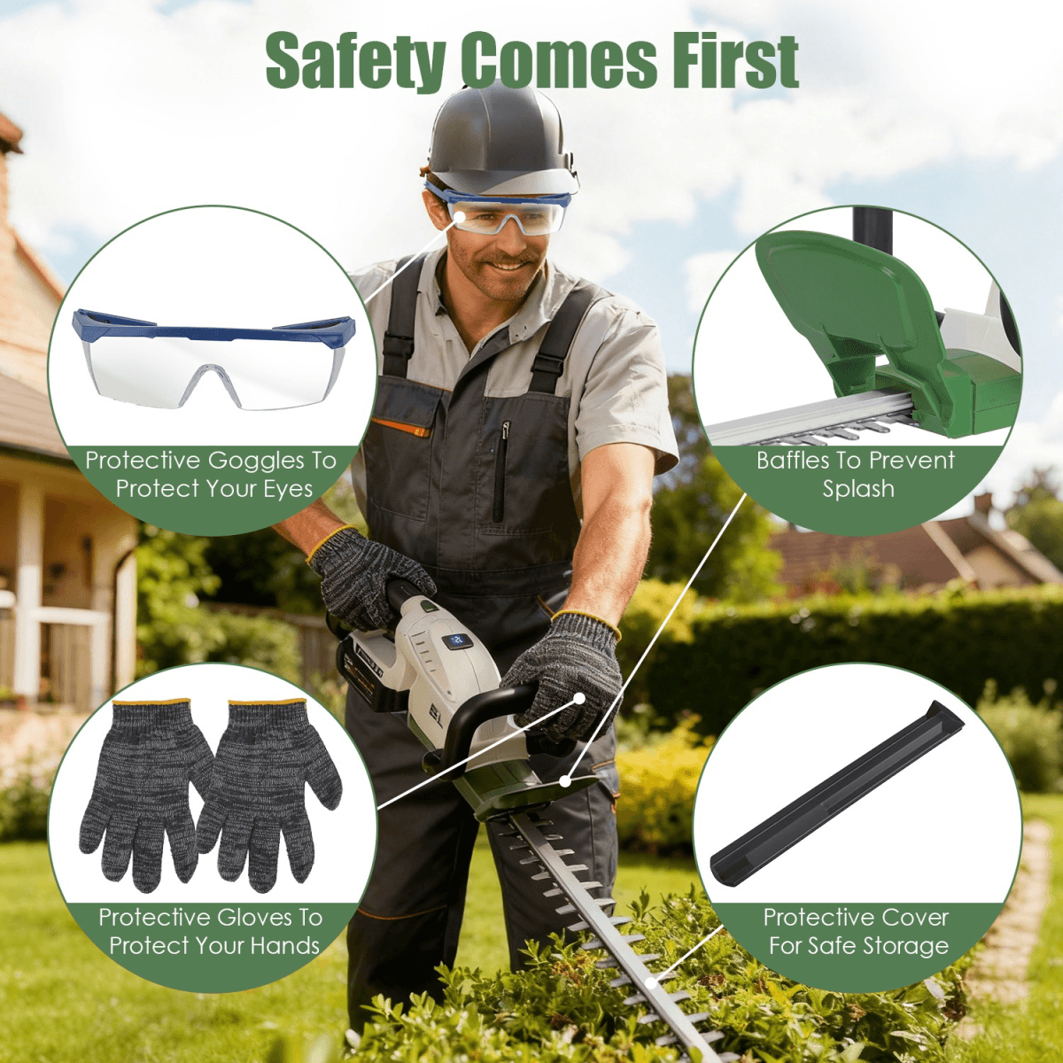 image-Cordless Hedge Trimmer, 20000 RPM, 2600mAh, Dual-Action Steel Blade, Safety Goggles