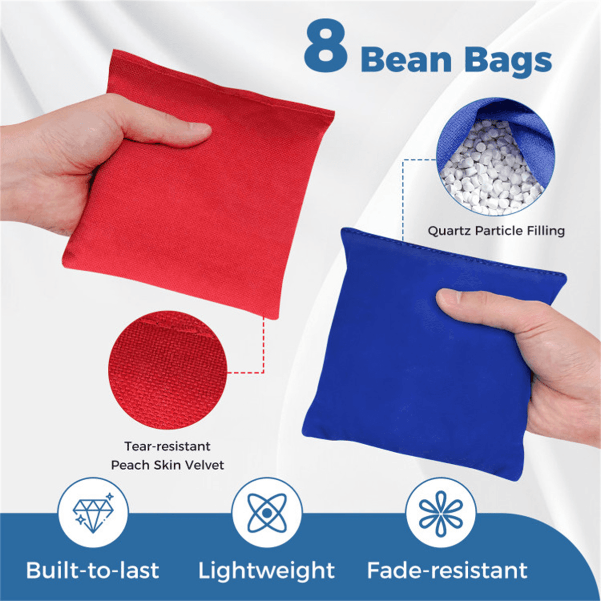 image-Cornhole Board Set - 3'x2' with 8 Bean Bags Blue+Red+White, Portable Outdoor Game
