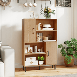 image-4-Tier Open Shelf Cabinet with 2 Doors - Natural, 176 LBS Capacity, Living Room Storage