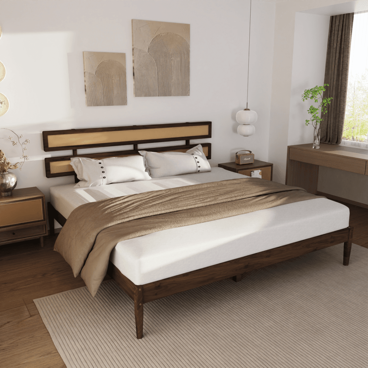image-Bohemian King Size Bed - Dark Walnut Pine & Rattan Headboard