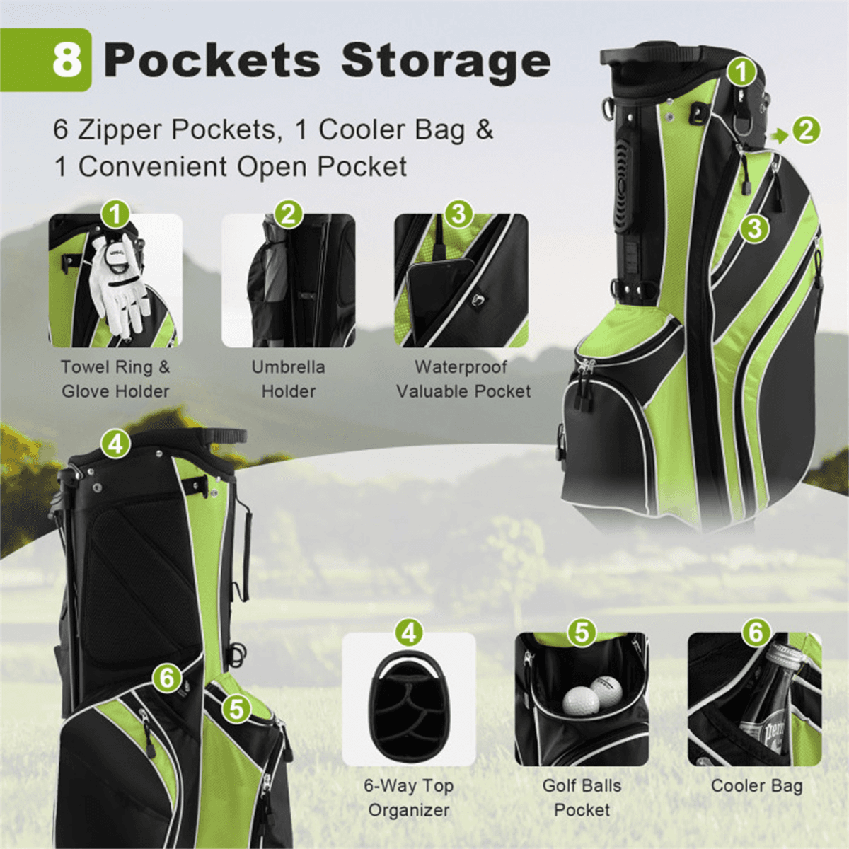 image-Lightweight Golf Stand Bag, Green, Portable Water-Resistant 6lbs