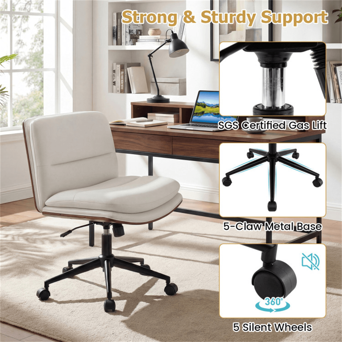 image-White Armless Office Chair , Curved Backrest & Wide Seat, 360° Swivel & Rocking Function