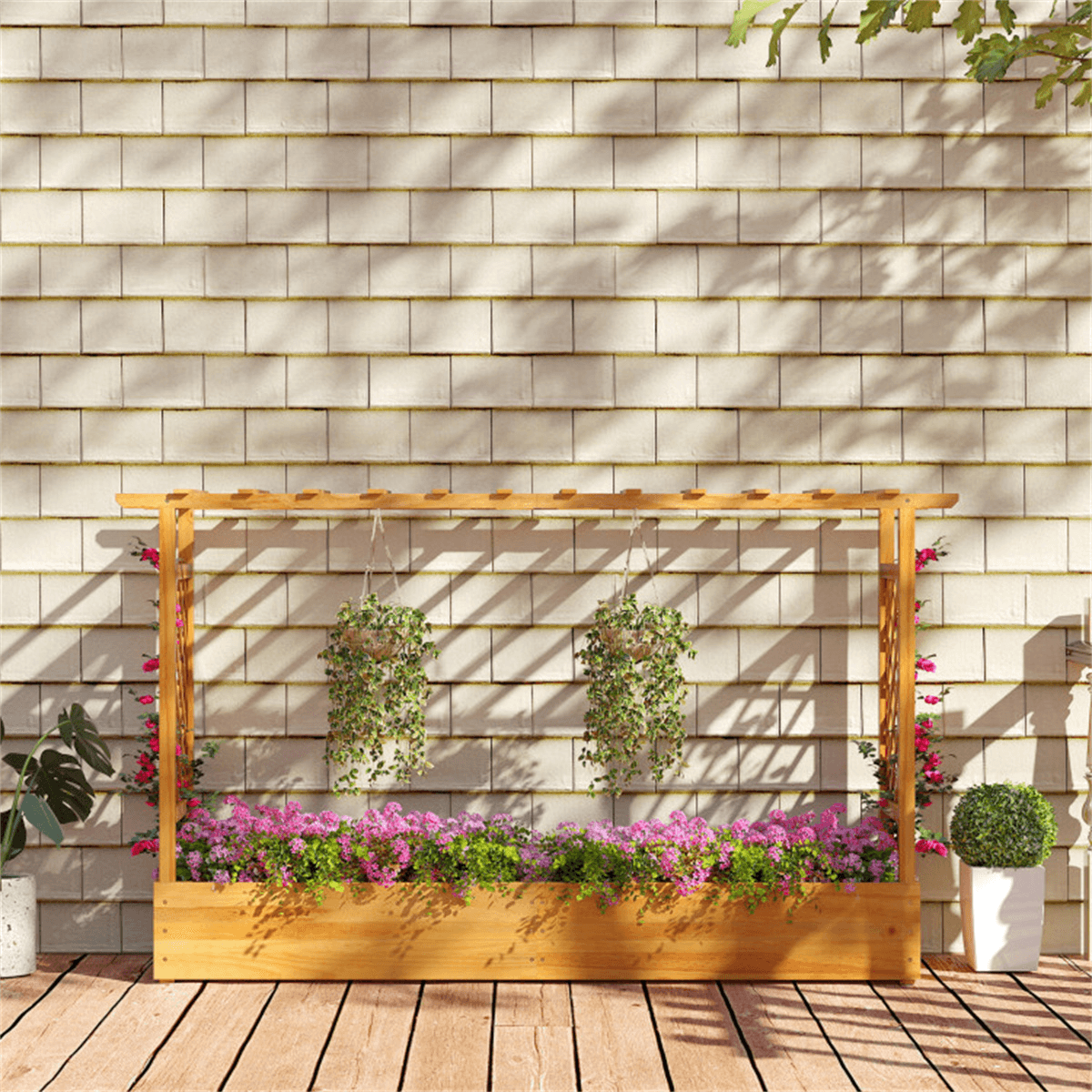 image-Wooden Raised Garden Bed, 77" x 17" x 45", Pine Wood, Open-Ended Trellis