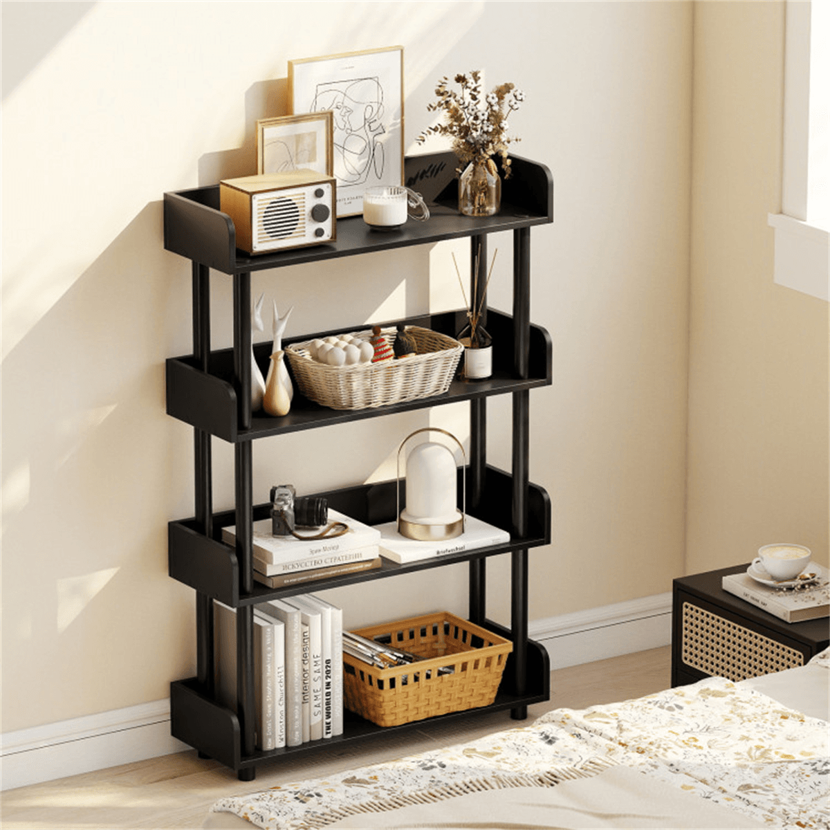 image-4-Tier Black Bookshelf with Anti-Tipping Legs for Home Office Storage (50 characters)