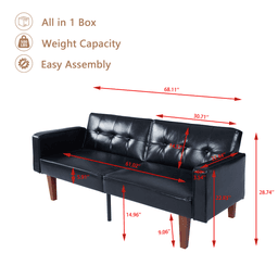 image-Modern PU Leather Futon Sofa with Tufted Backrest, Adjustable Reclining Couch with Wood & Metal Legs, Mid-Century Style Sofa for Living Room