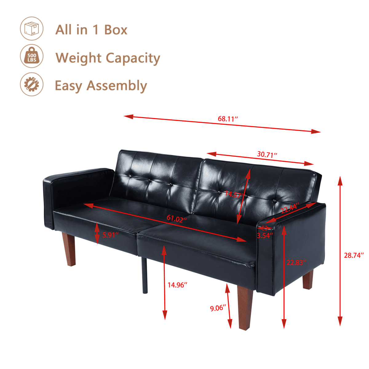 image-Modern PU Leather Futon Sofa with Tufted Backrest, Adjustable Reclining Couch with Wood & Metal Legs, Mid-Century Style Sofa for Living Room