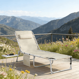 image-Folding Beach Chair with Side Table - Beige/Light Gray, Steel Frame, Quick-Dry Mesh (70 characters)