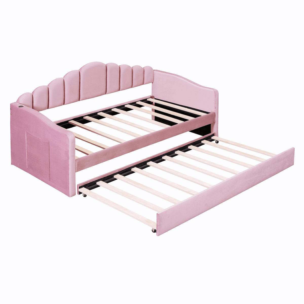 image-Twin Size Velvet Sofabed with USB, No Box Spring Needed, Trundle, Pink (58 characters)