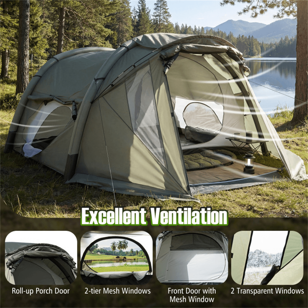 image-5-7 Person Inflatable Cabin Tent Green Screened Porch