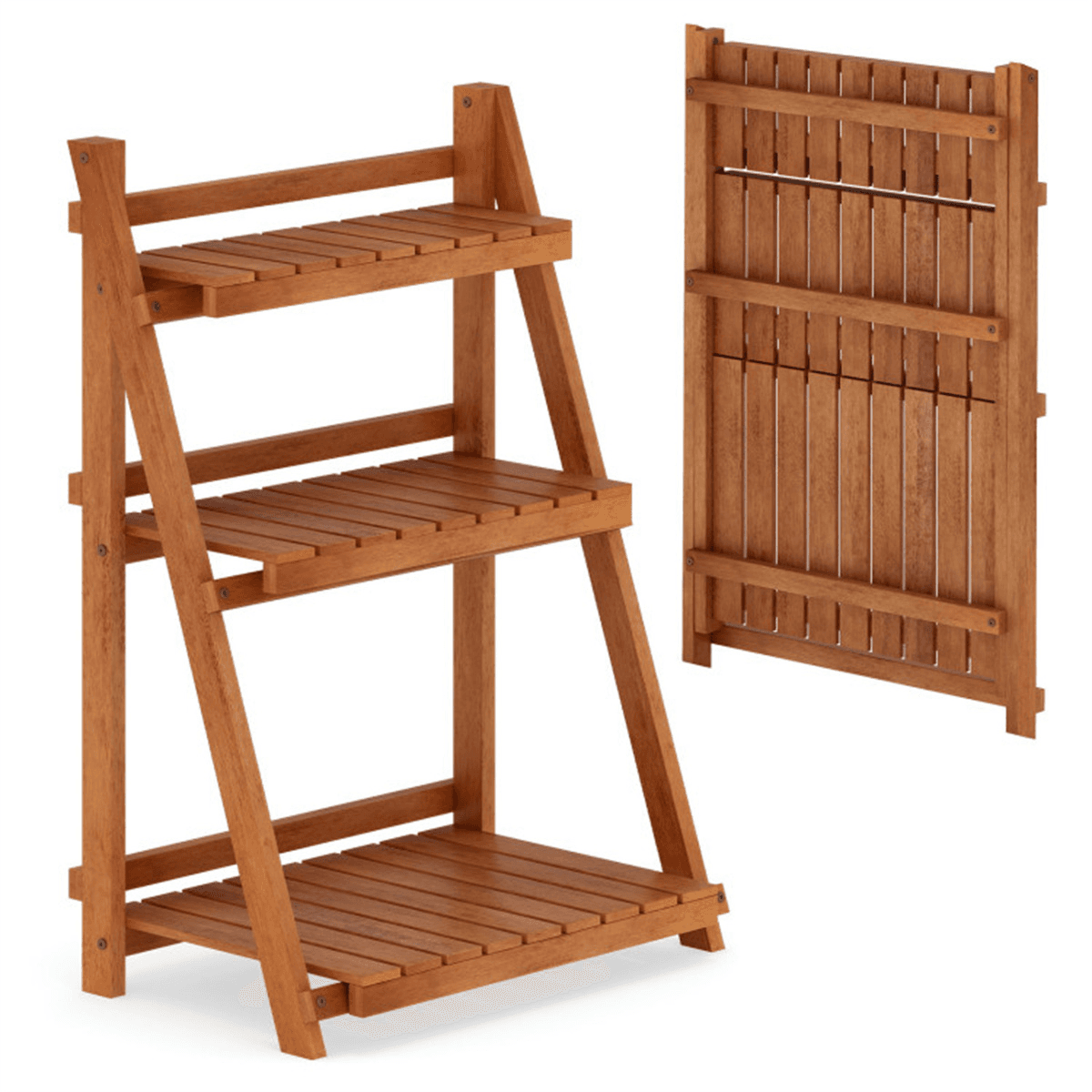 image-Acacia Wood 3-Tier Ladder Plant Stand - Foldable 24"