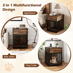 image-Multi-Functional Dog Crate End Table - Black+Brown, Charging Station, 25 lbs Small Dogs