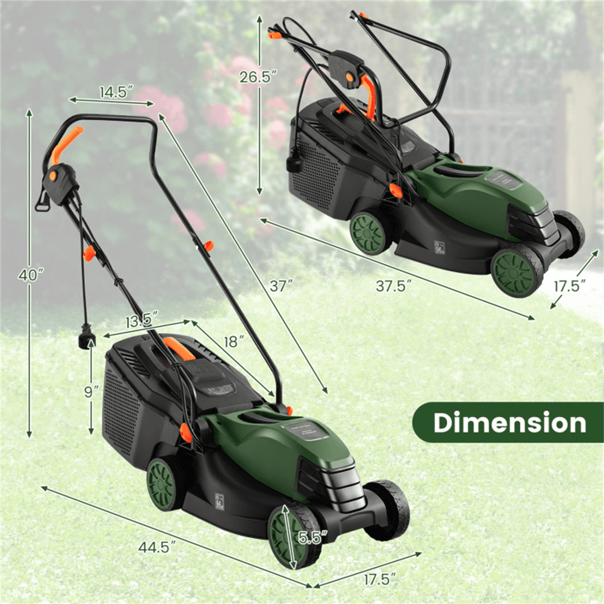 image-12A Electric Lawn Mower - 13.5" Cut, Dual Safety, Green