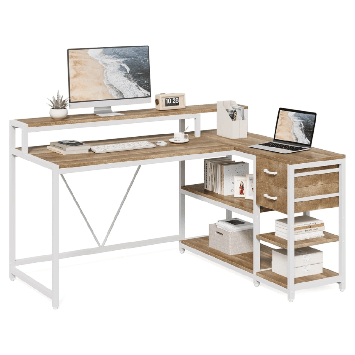 image-Office Desk - L-Shaped, Space-Saving, Ample Storage, Dual Monitor Stand