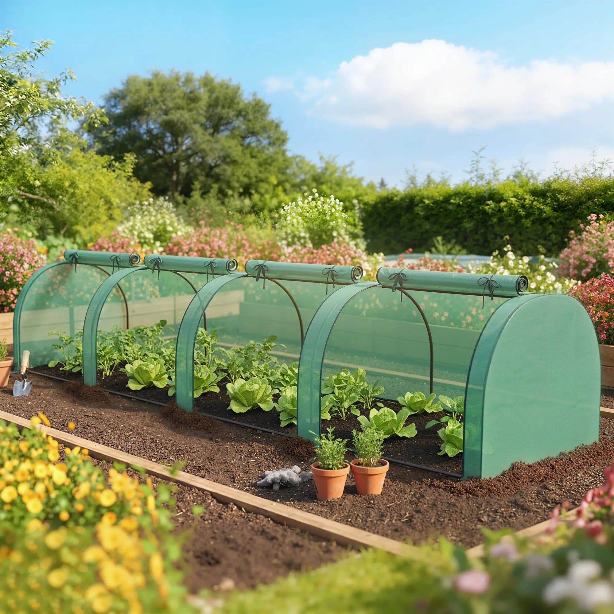 image-Garden Bed with Mini Greenhouse - Green/Dark Green, Tool-Free Assembly, UV Protection