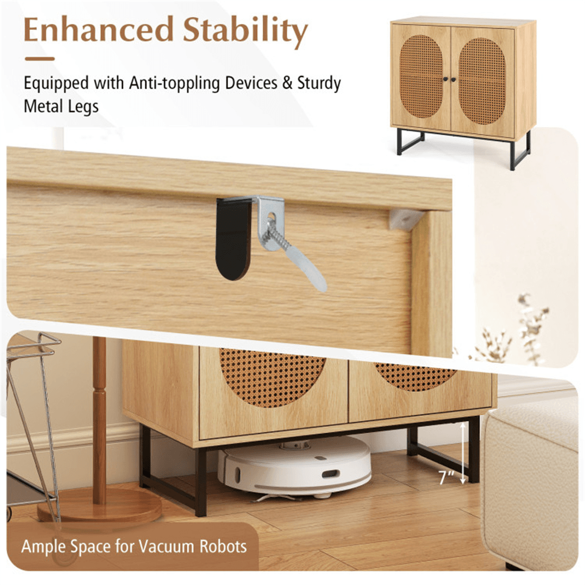 image-Natural PE Rattan Buffet Cabinet with 3-Level Adjustable Shelf, Boho Style & Soft-Close Hinges