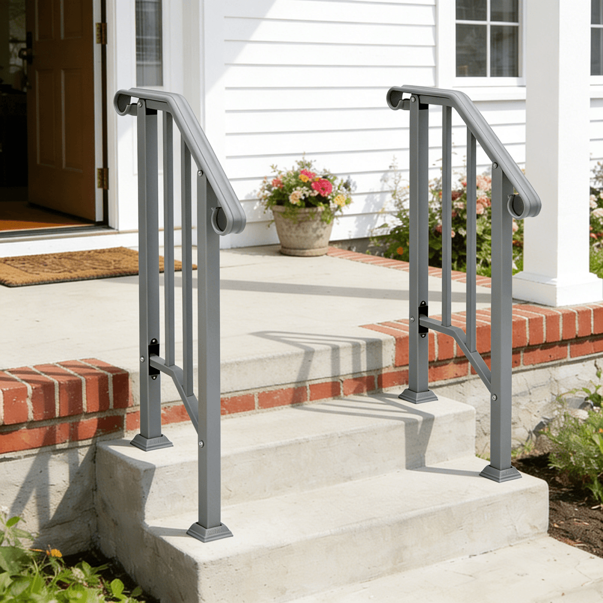 image-Handrails for Outdoor Steps, Iron Handrail Fits 1 Step, Transitional Handrail with Installation Kit, Silver
