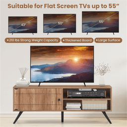 image-Mid-Century Oak TV Stand for 55" TVs, 210 lbs Storage Cabinet with Cable Management