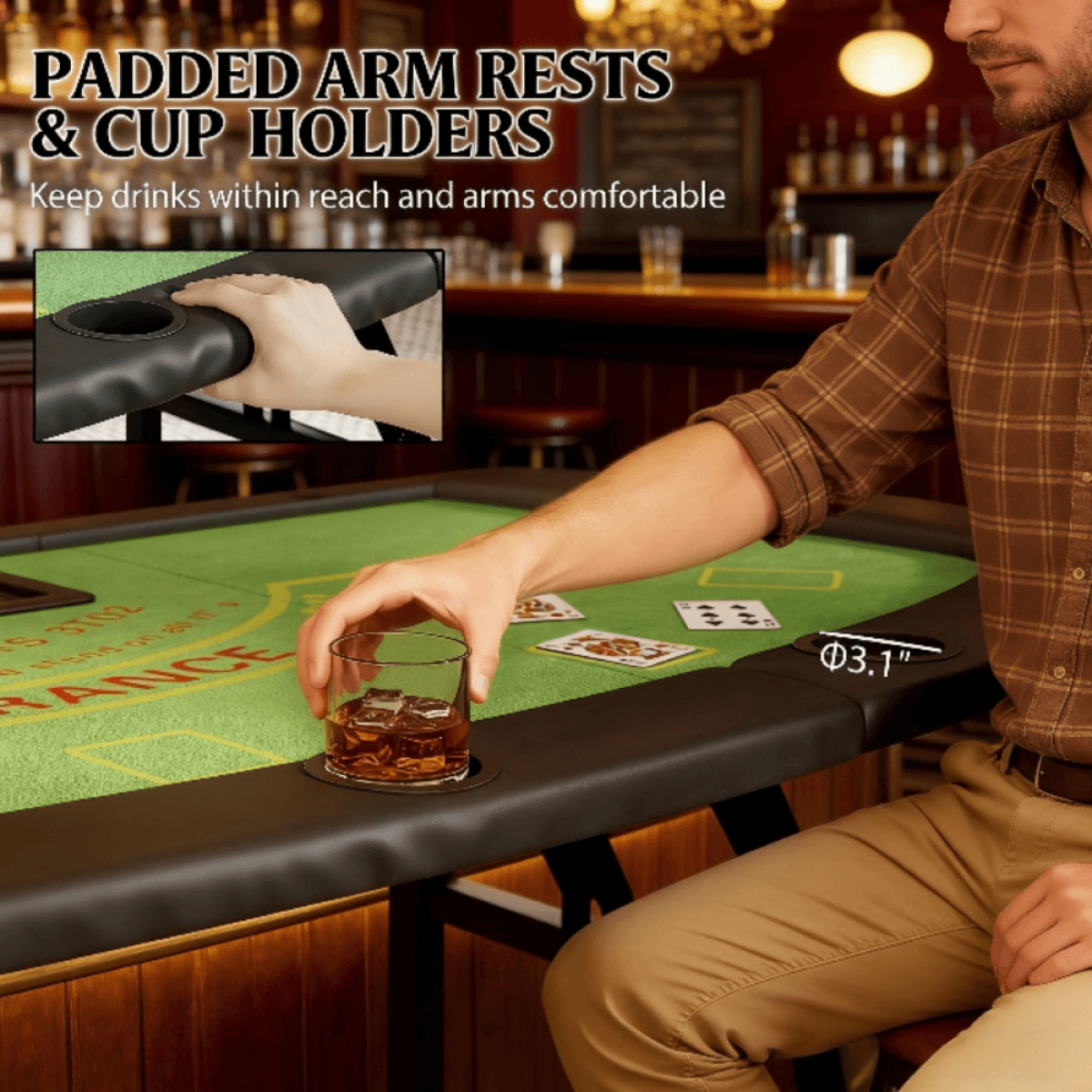 image-Poker Table - Green Felt, 8-Player, Steel Legs, Foldable - 71.7" L x 35.4" W x 29.5" H