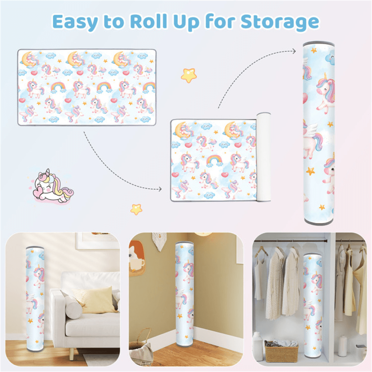 image-Baby Playpen Mat Roll-Up - Unicorn Print, Waterproof, Portable Foam 78" x 47"