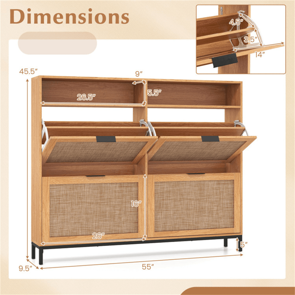 image-Boho Shoe Cabinet with 4 Flip Drawers 55" Brown