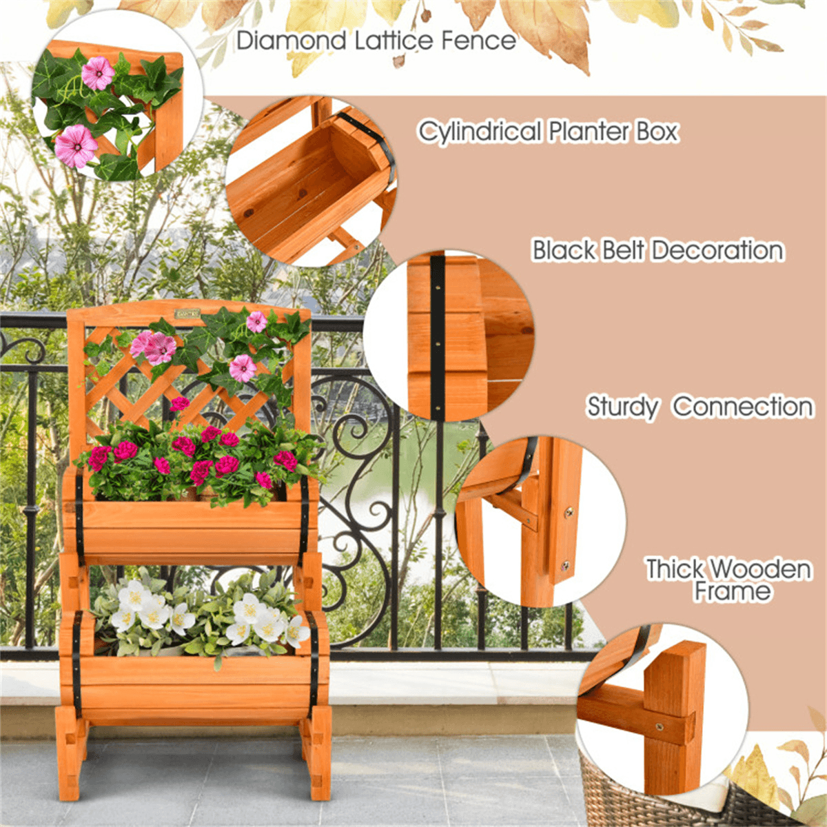 image-Solid Fir 2-Tier Garden Bed Trellis Cylinder Planter - Orange