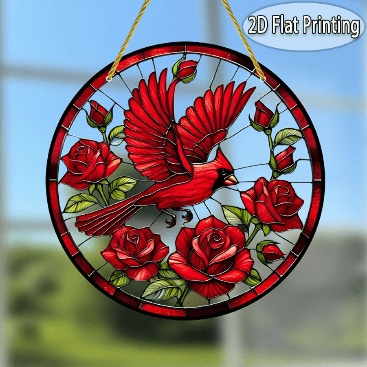 image-Retro Red Bird Sun Catcher Colorful Pendant Festive Decoration 20x20cm