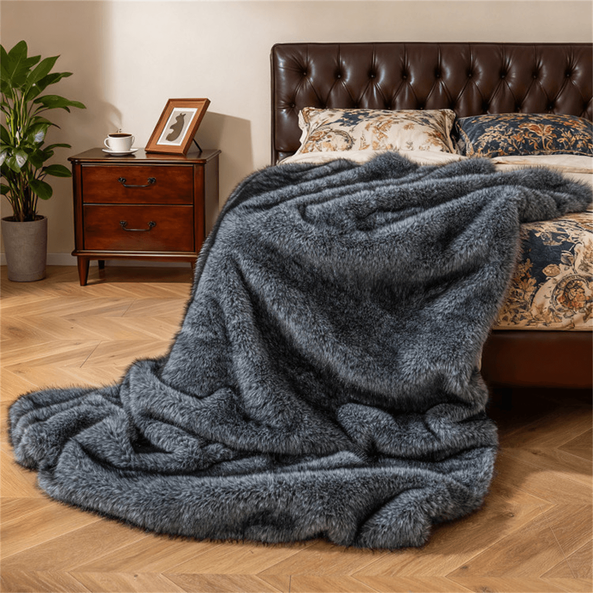 image-Faux Wolf Fur Throw Blanket 60"x80" Gray 740GSM Fleece Lined