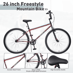 image-26 Inch Freestyle Bike for Teens, Steel Frame Single-Speed Bicycle with 2 Pegs , Front Caliper Brake and Rear V Brake, Bicycle for Boys and Girls Ages 14+