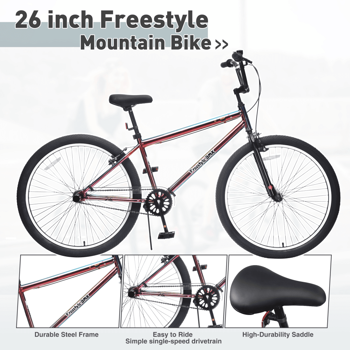 image-26 Inch Freestyle Bike for Teens, Steel Frame Single-Speed Bicycle with 2 Pegs , Front Caliper Brake and Rear V Brake, Bicycle for Boys and Girls Ages 14+