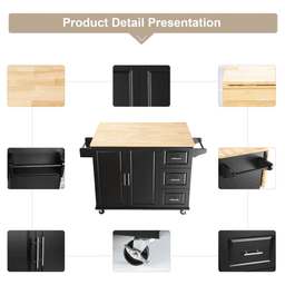 image-Kitchen Island & Cart - Rubber Wood, Big Adjustable Shelf, 54x18x36" Black