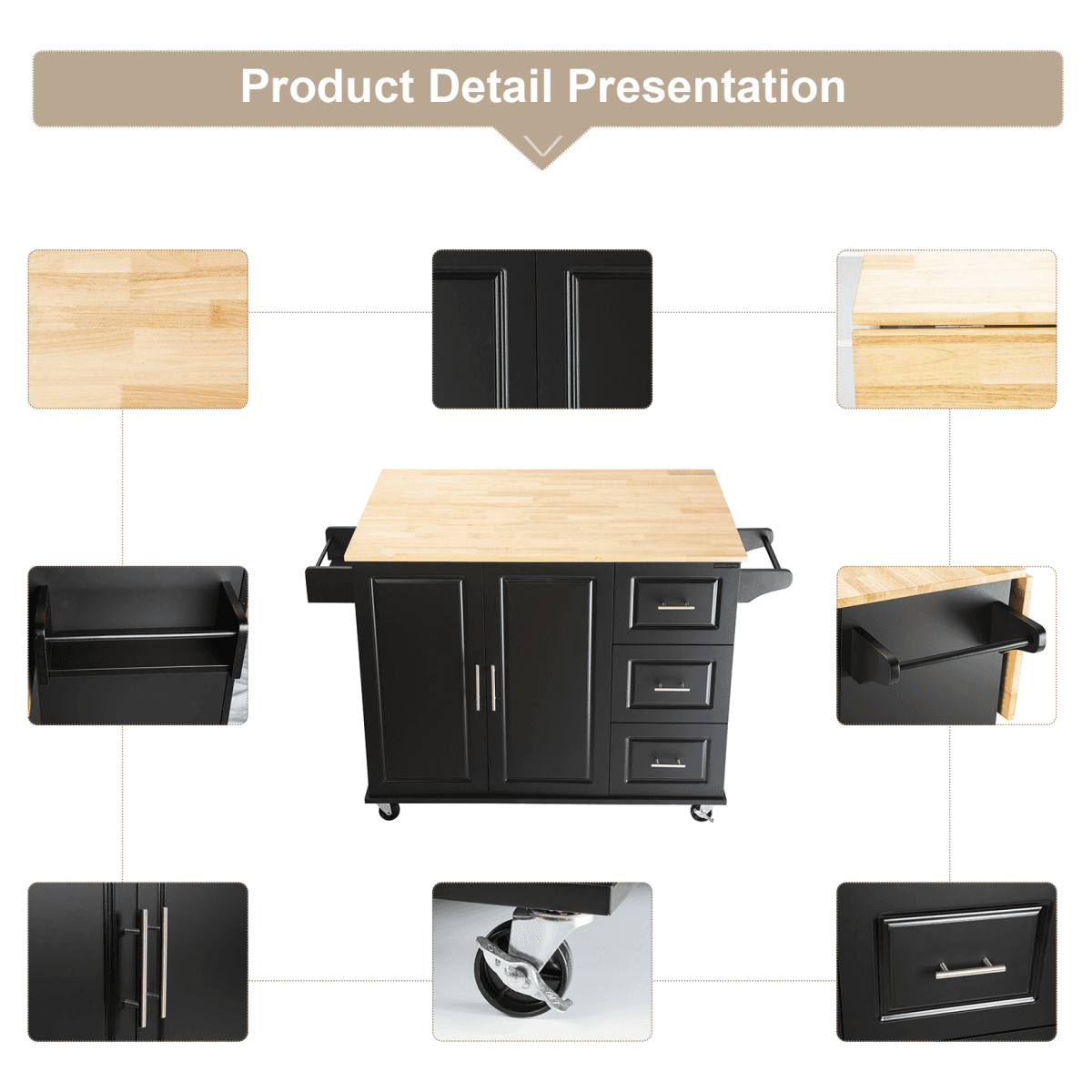 image-Kitchen Island & Cart - Rubber Wood, Big Adjustable Shelf, 54x18x36" Black