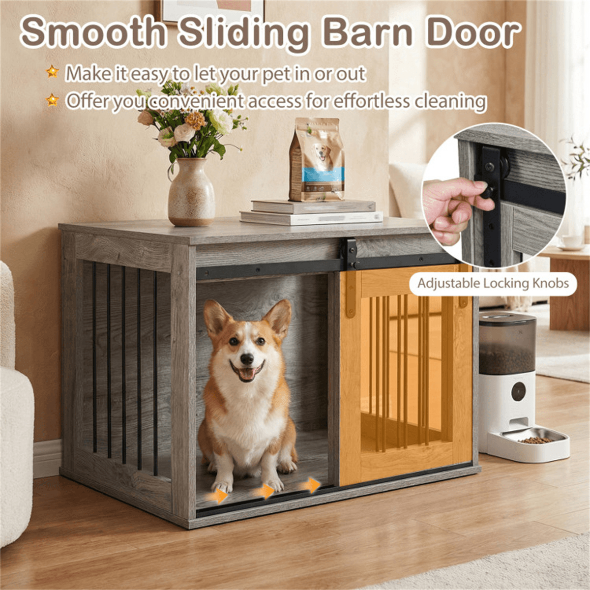image-Dog Crate Furniture with Sliding Barn Door - Gray 31.5"