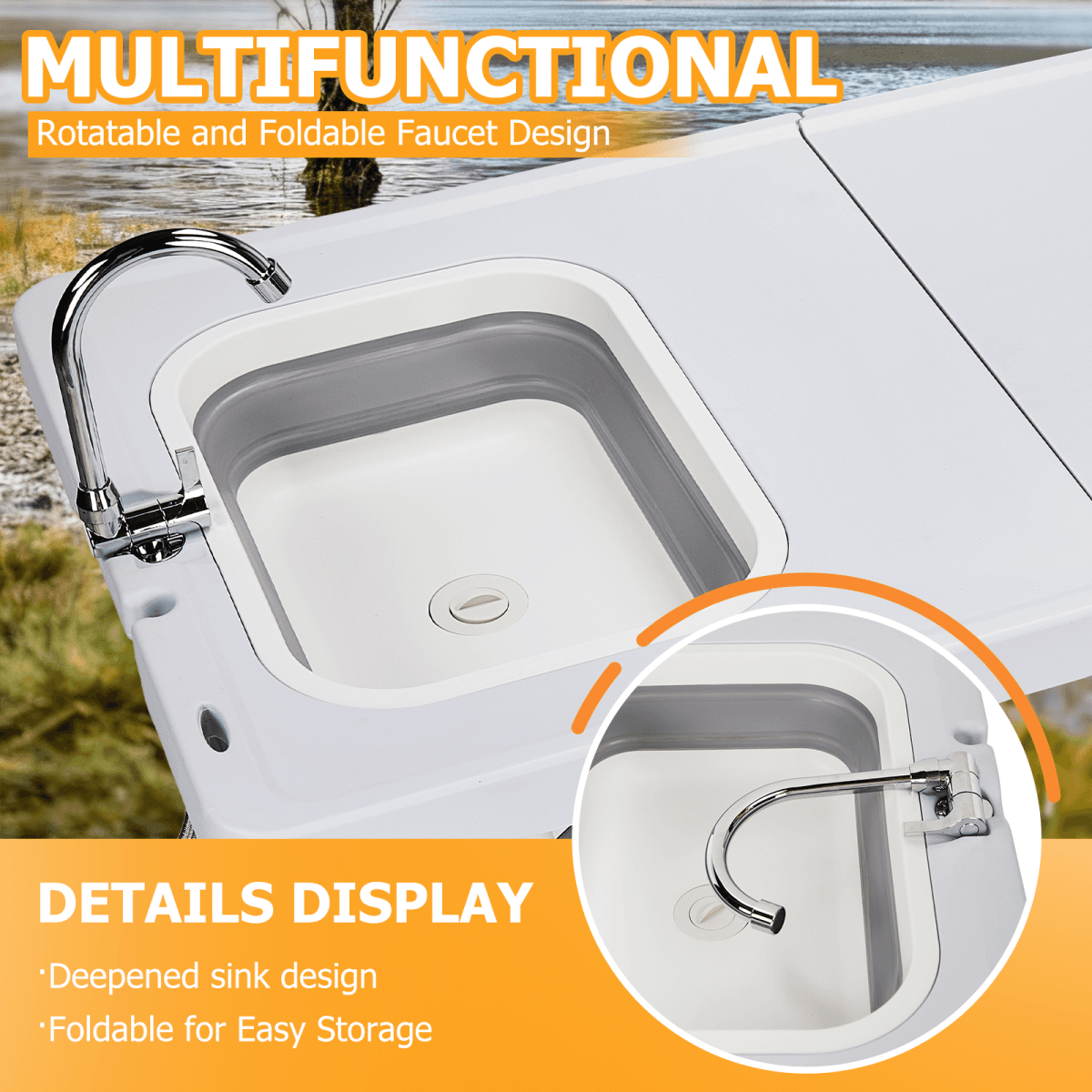 image-50" Folding Fish Cleaning Table with Sink, Bi-Folding Portable Camping Sink Station with Drain Hose, Trash Can, Foldable Outdoor Sink for Camping, Fishing, BBQ