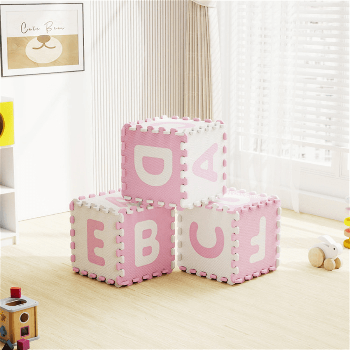 image-26-Piece EVA Foam Play Mat, Pink + White, BPA-Free, 31.75x31.75cm Non-Slip Tiles