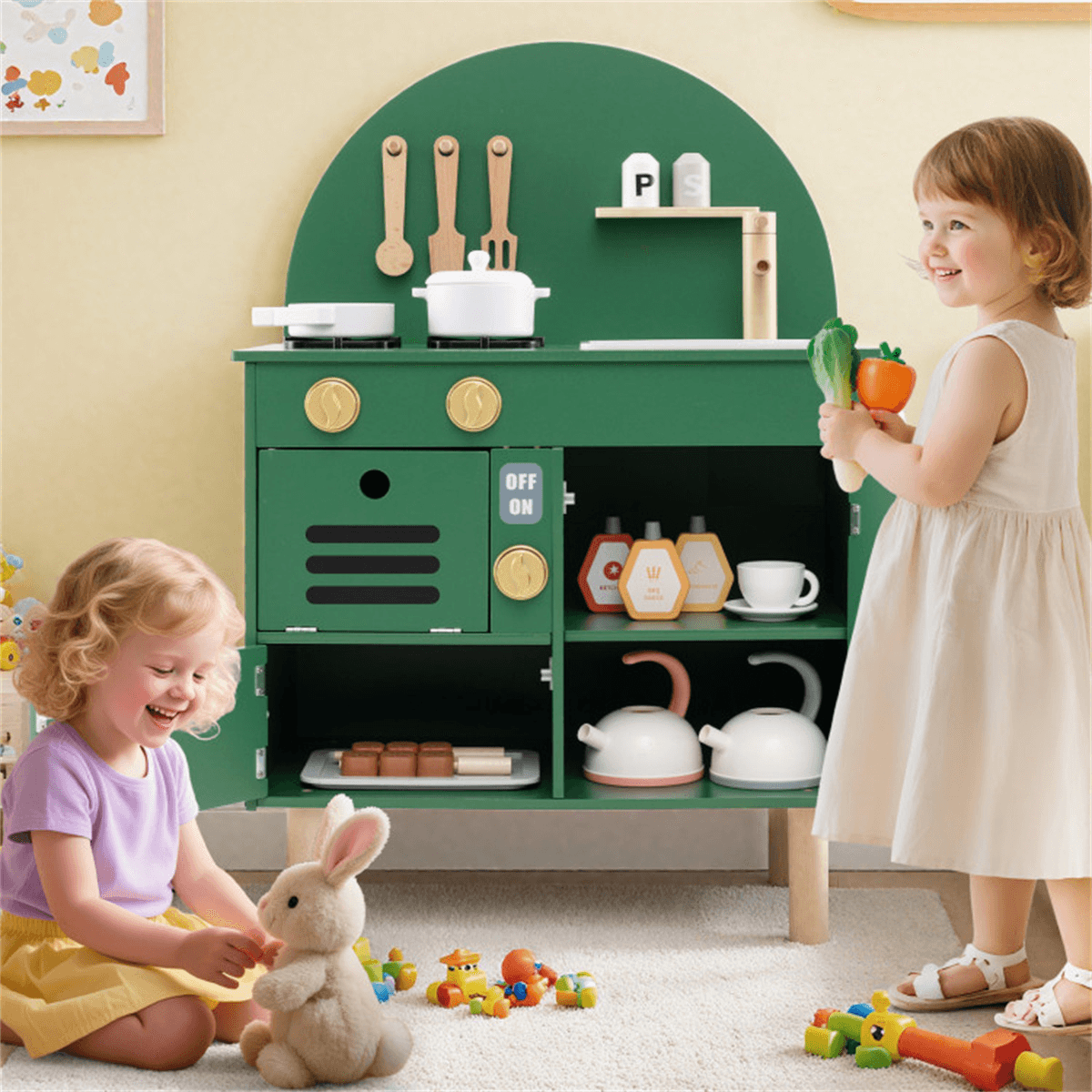 image-Kids Play Kitchen - Green, Interactive Stove & Sink, Ages 3+