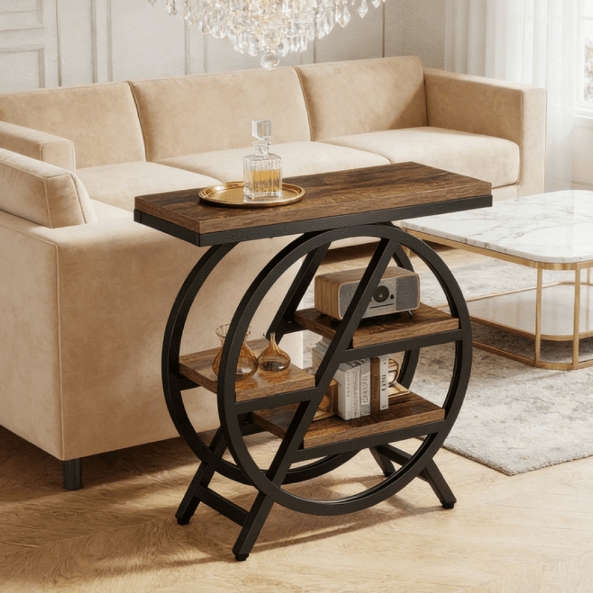 image-Chic End Table with 4-Tier Storage - Black Metal & Brown Tabletop