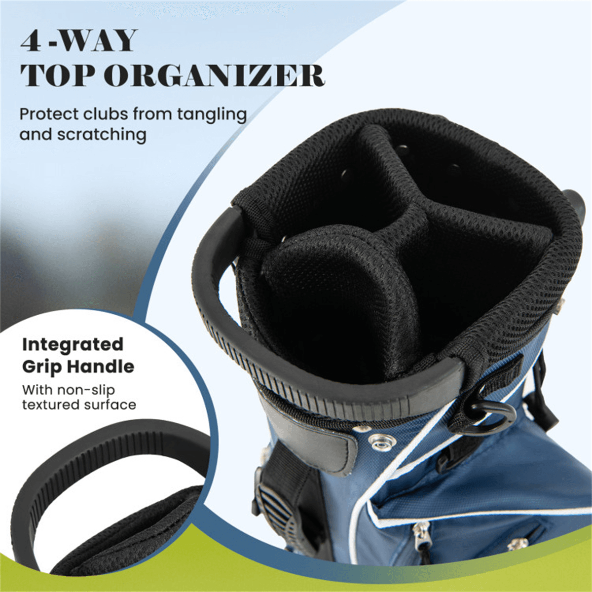 image-Lightweight Blue Golf Stand Bag, 3-Way Dividers, Polyester, 4 Zipper Pockets