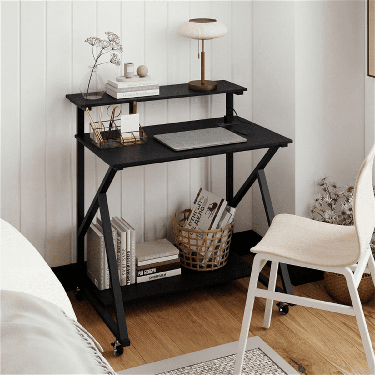 image-Black Rolling Desk with Power Strip, 32" Office Workstation, Monitor Stand