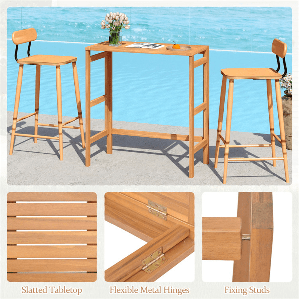 image-Natural Acacia Wood Foldable Patio Bar Table, Space-Saving Pub Design (65 characters)