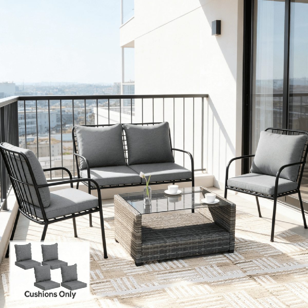 image-Seat Cushions Set - 4x Seat, 4x Back - Gray Foam - Durable, Spot Cleanable