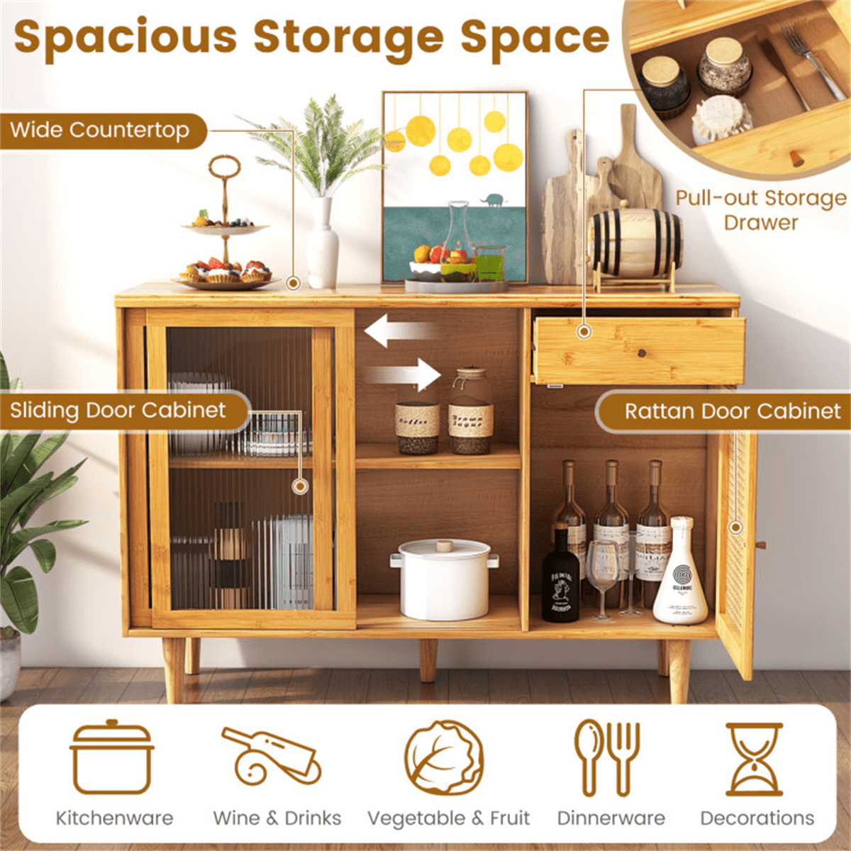 image-Natural Bamboo Sideboard Cabinet with Rattan Door, Sliding Door & Pull-Out Drawer, 5-Leg Rubber Wood Base