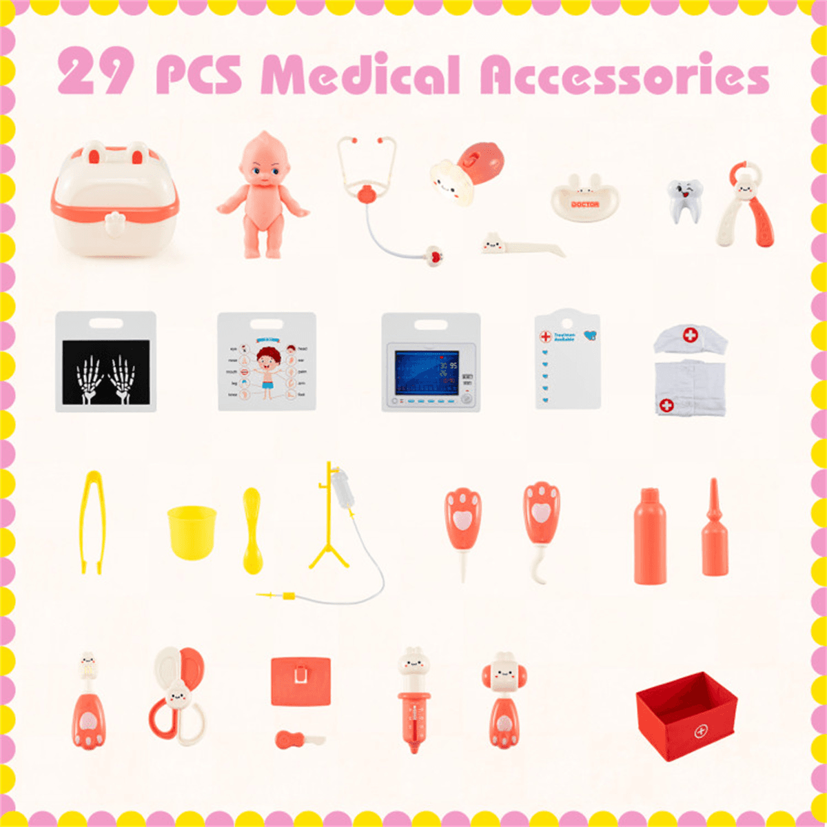 image-Pink Doctor Office Playset with X-ray, ECG, Sink & Height Measurer for Toddlers 3-6