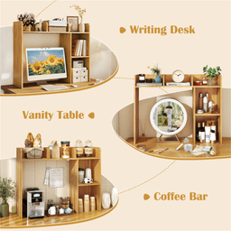 image-Beige Bookshelf for 27'' Monitor, Engineered Wood, 100 lbs Capacity