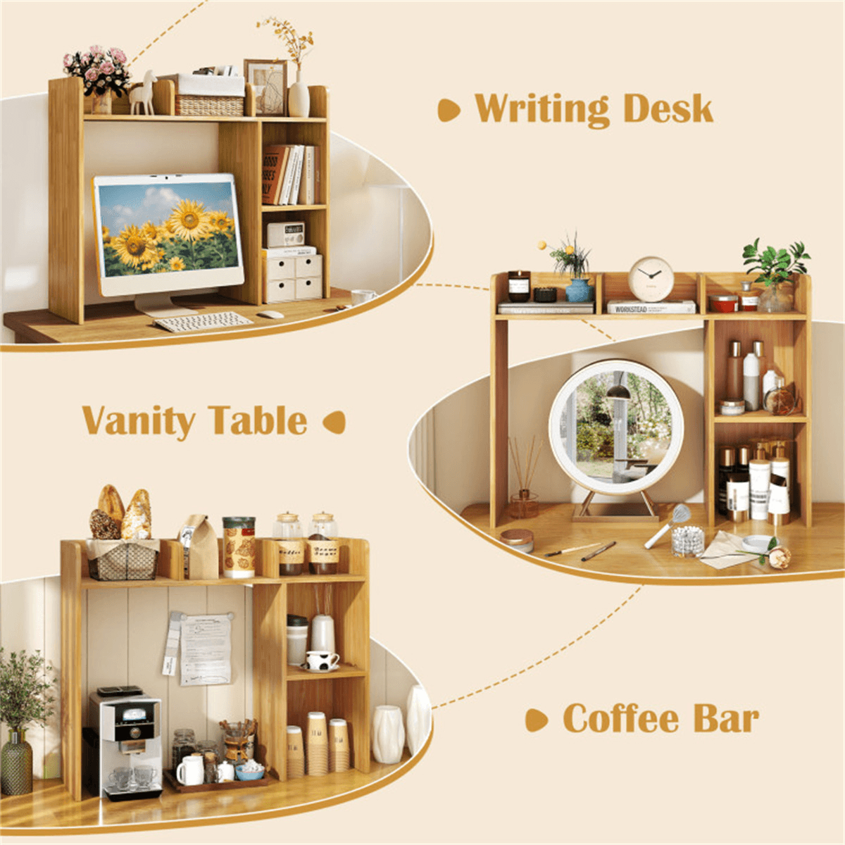 image-Beige Bookshelf for 27'' Monitor, Engineered Wood, 100 lbs Capacity