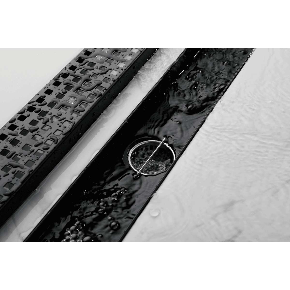 image-Linear Shower Drain 24" 304 Stainless Steel, Black with Grate, Strainer